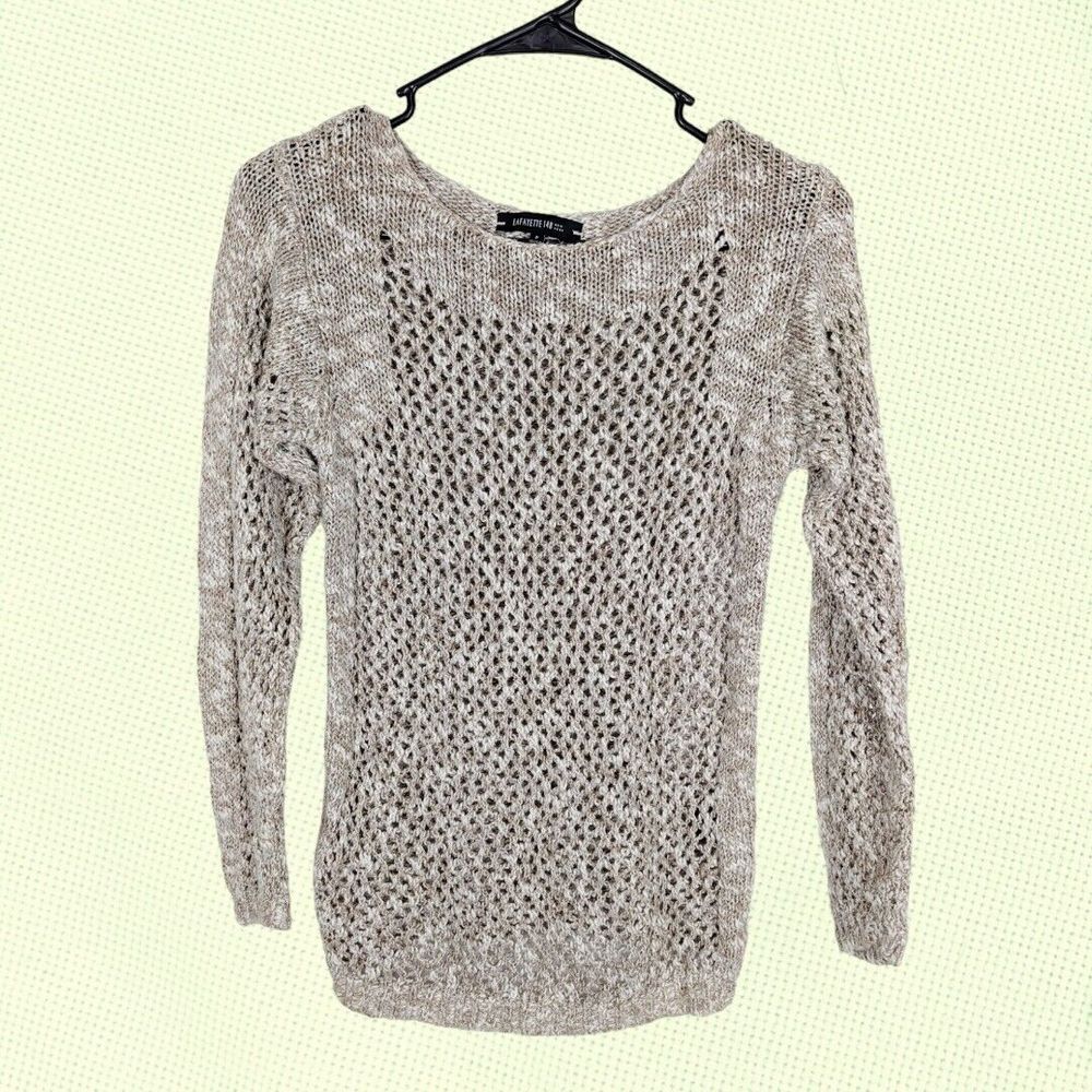 Lafayette 148 New York Open Knit Cotton Linen Blend Sweater Tan White Petite P